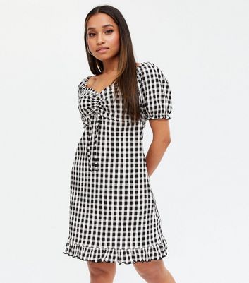 Petite Black Gingham Tie Front Frill ...